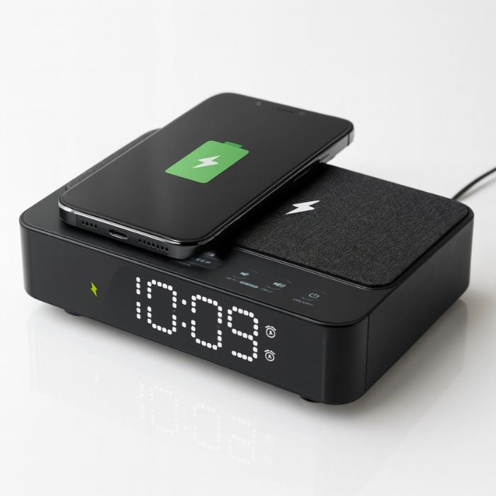 Alarm clock radio with 5W wireless charger for mobile devices