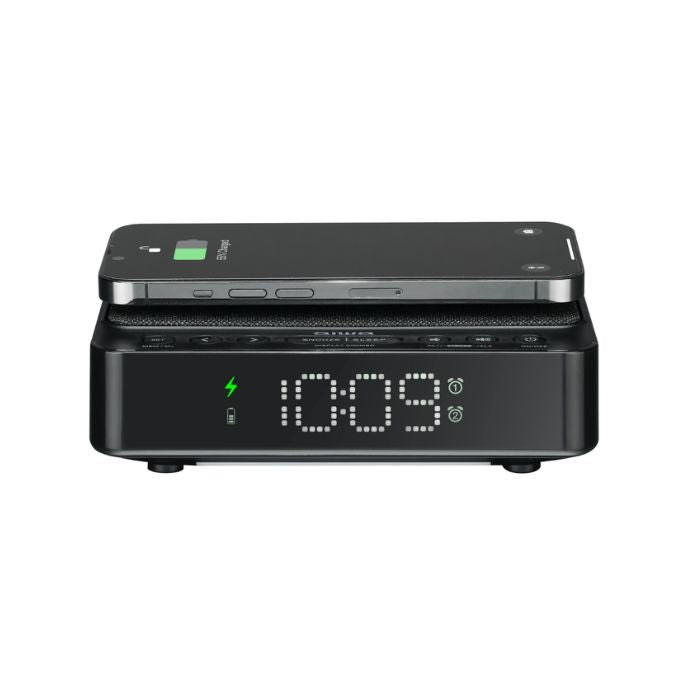 Alarm clock radio with 5W wireless charger for mobile devices